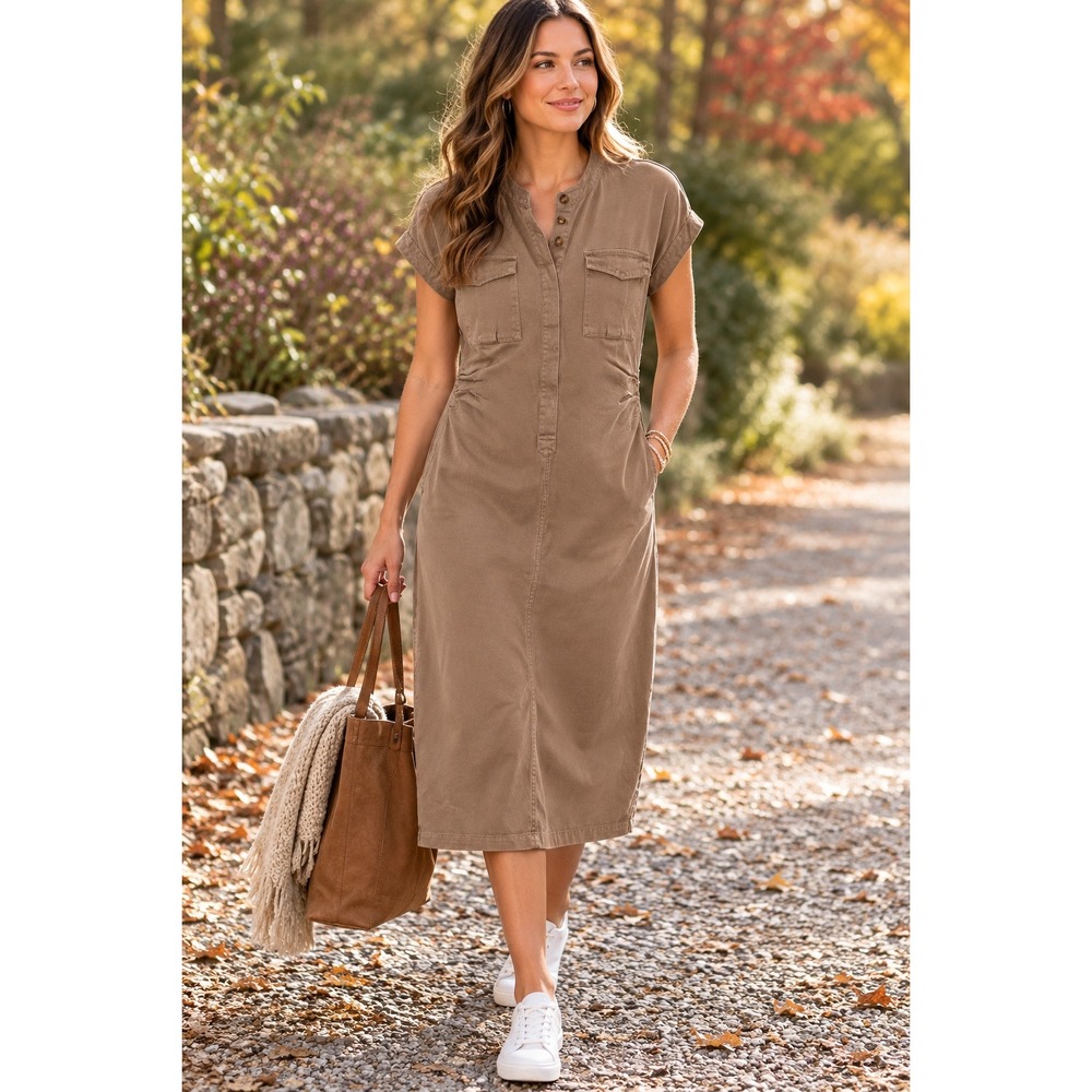 Böhme Tan Midi Utility Dress XL Short Sleeve Cargo Cotton Sarari Utility